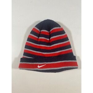 Nike Striped Beanie‎ Hat Youth Red Gray Black Cuffed Knit Winter